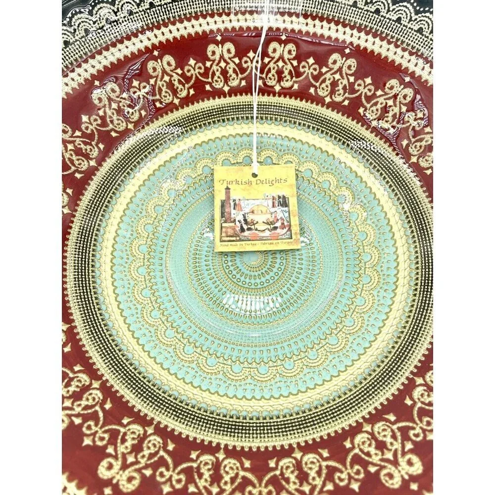 Turkish Delights Glass Bowl Serving Dinner Red Blue Gold Handmade 11.75” NWT
